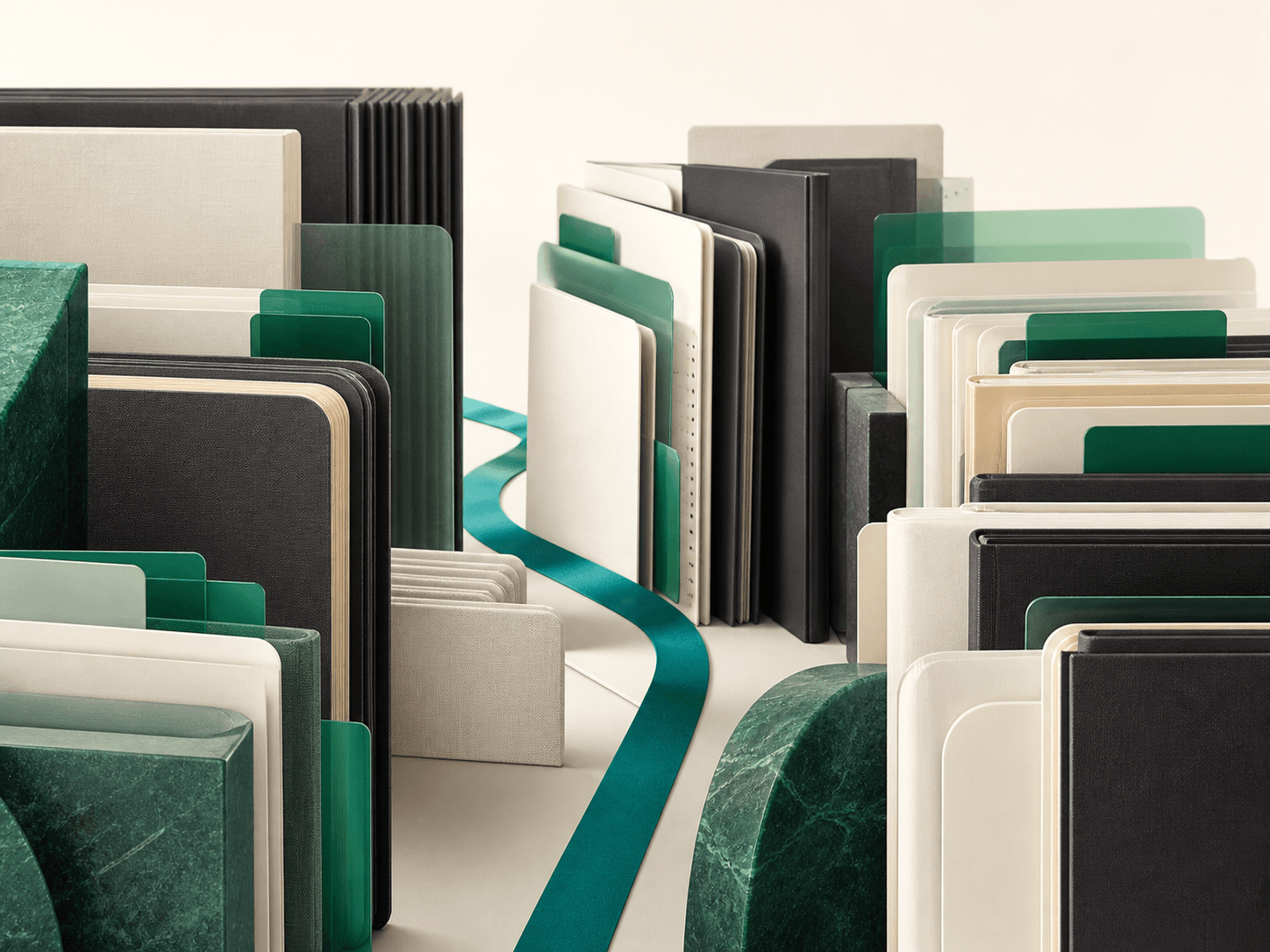 An ordered collection of folders and notebooks representing accumulated experience