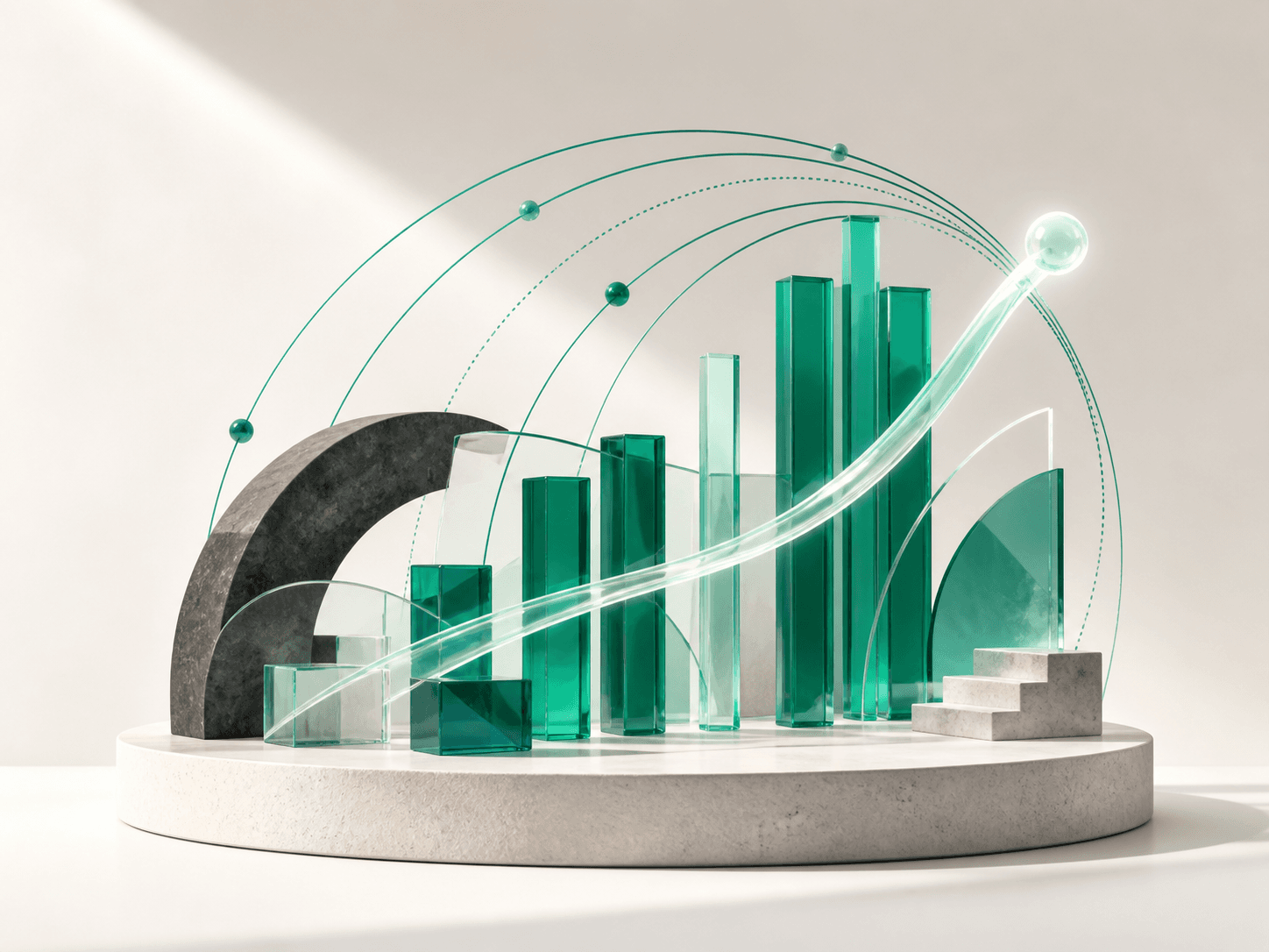 Translucent emerald forms turning complex measurement into one clear signal