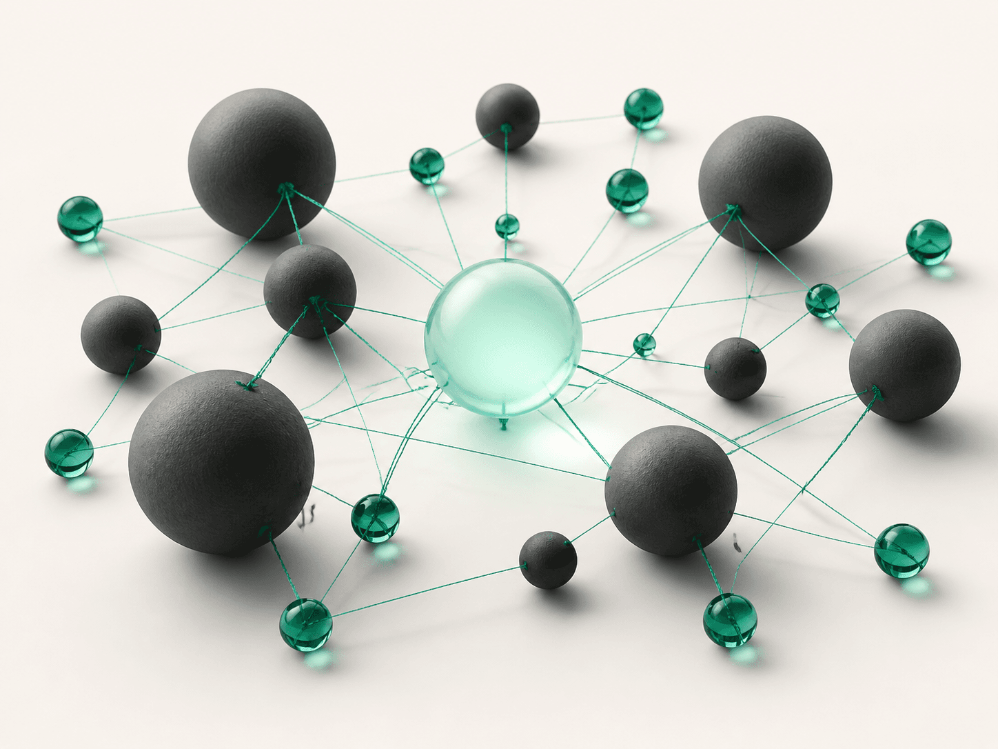 Connected emerald spheres representing a trusted creator network