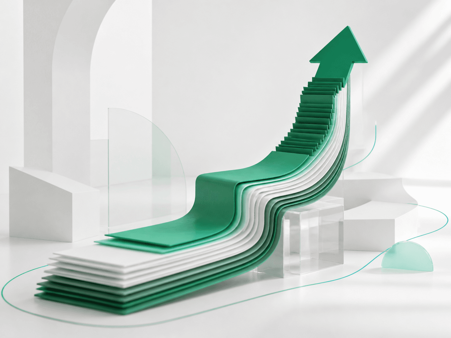 Layered emerald forms rising as an organic growth path